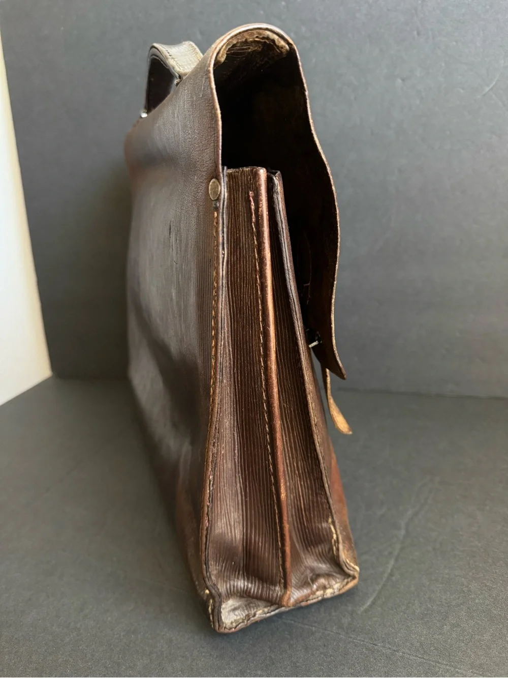 Vintage 1940s Briefcase French Attaché Case Dark Brown Ribbed Distressed Leather